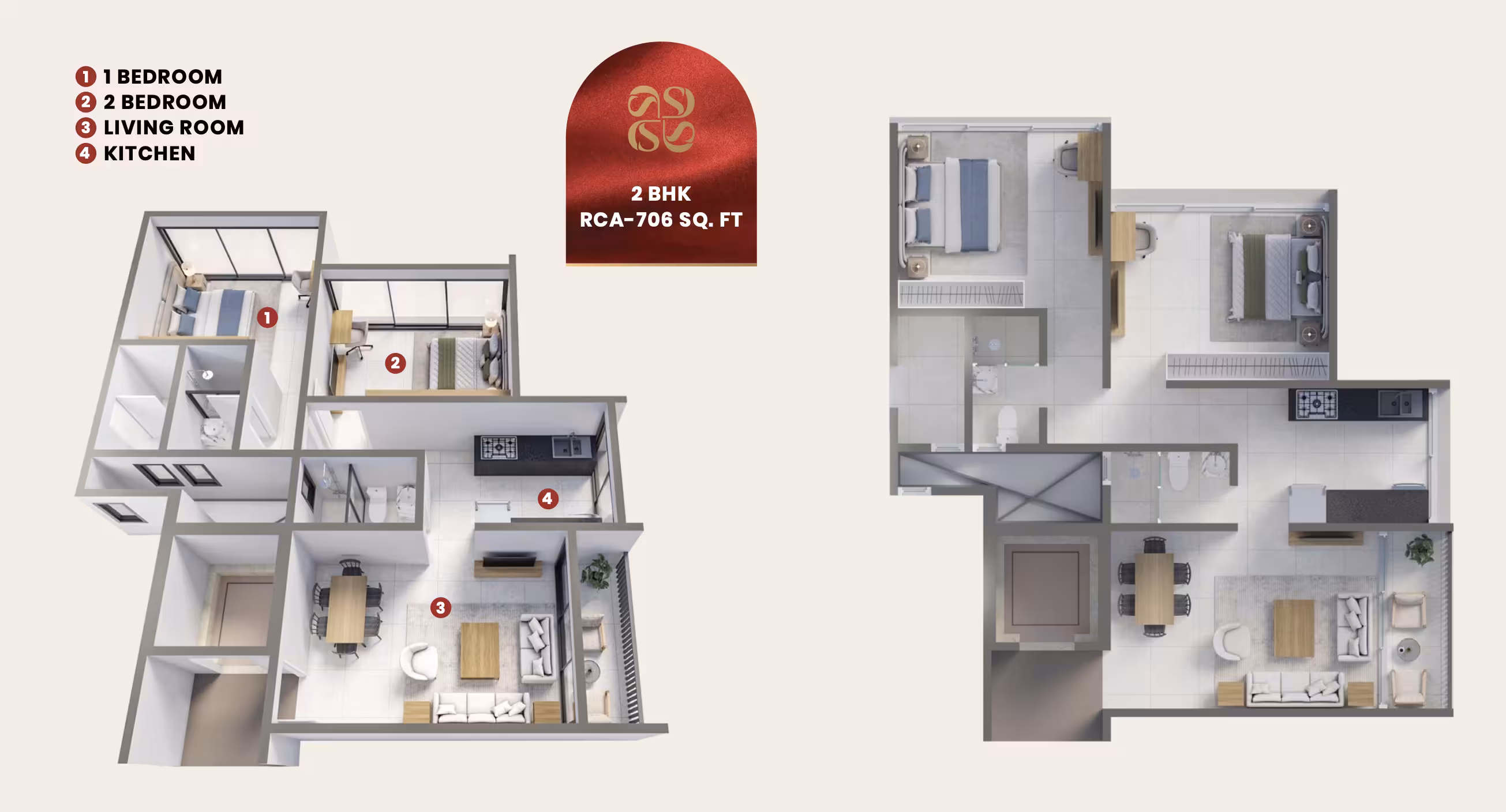 2 BHK 706 sq.ft. Cornerstone home layout